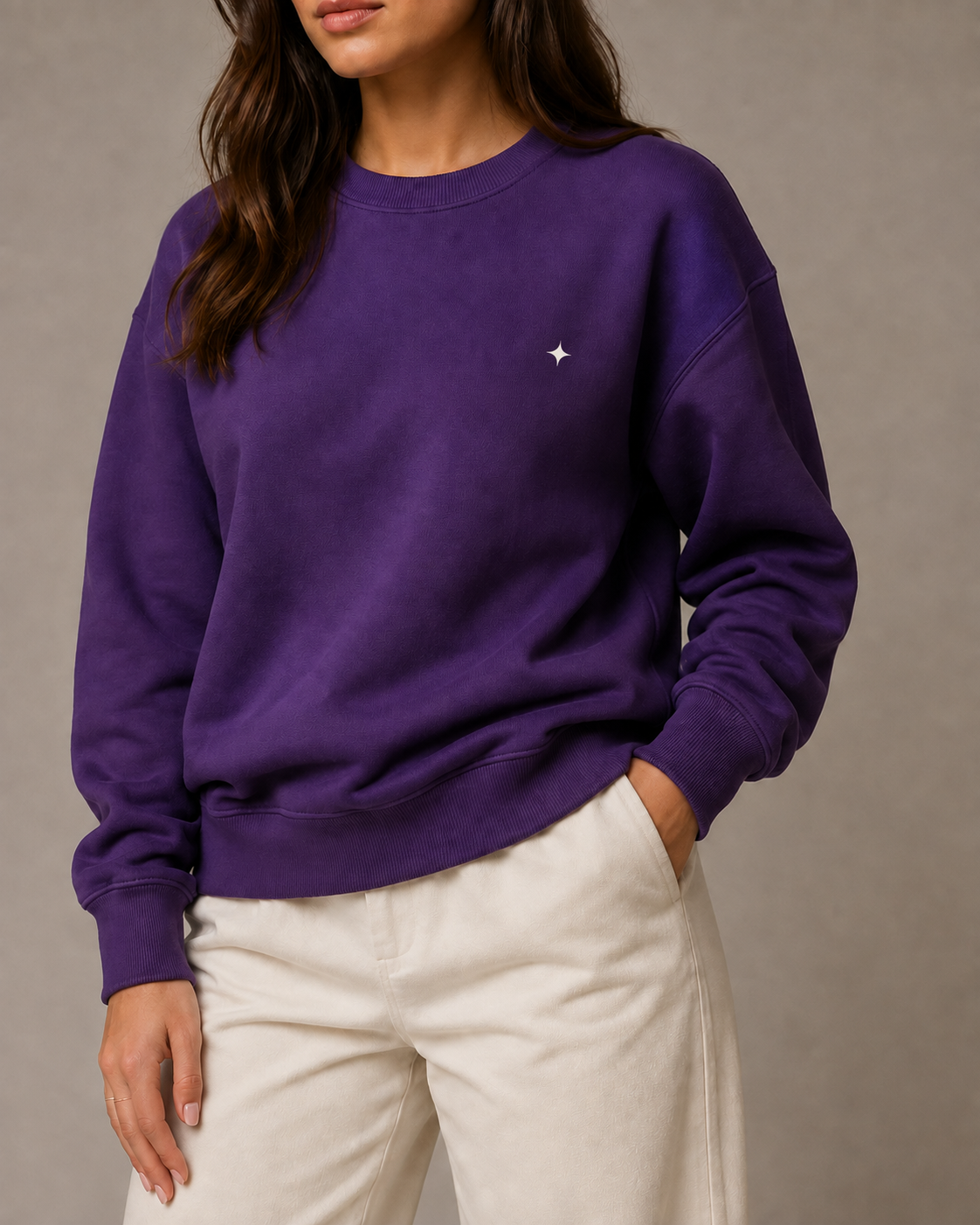 Purple TELLS crewneck illustrating one of autumn 2026’s most wearable colour trends