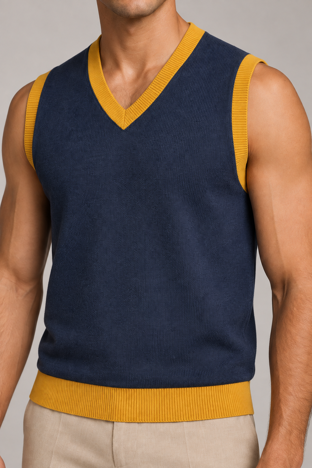 Navy V-neck knit vest with mustard trim for modern layered outfits
