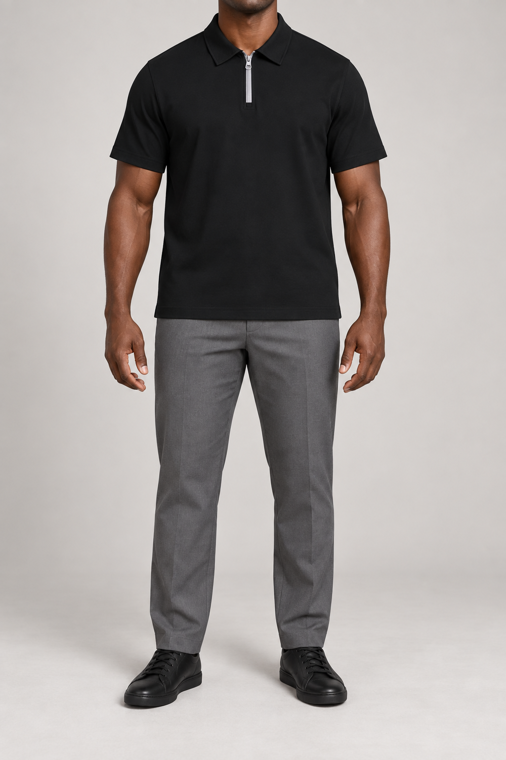TELLS black quarter zip polo as a refined foundation for a business dinner outfit