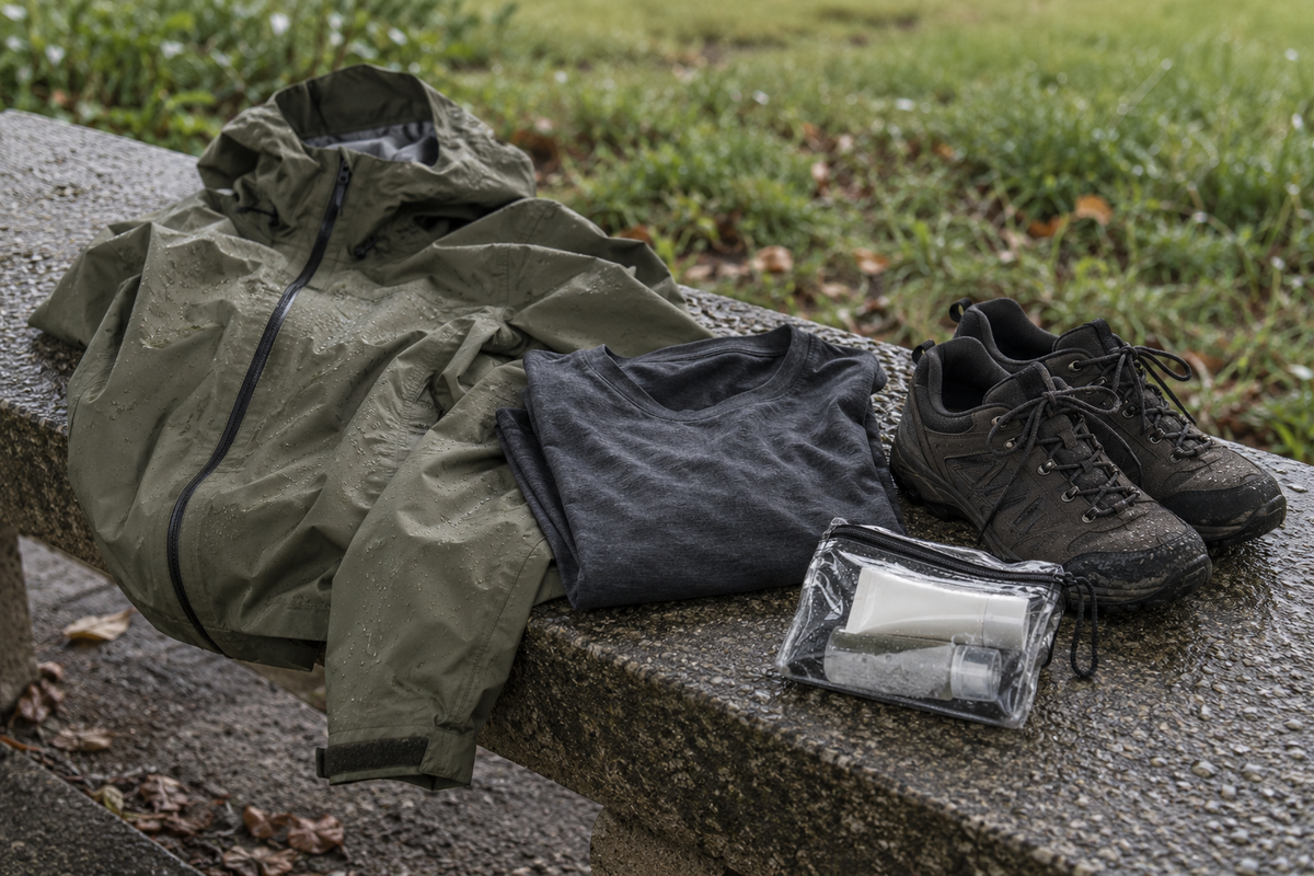 Rain shell, dark walking shoes and a small clear pouch arranged on a damp park bench