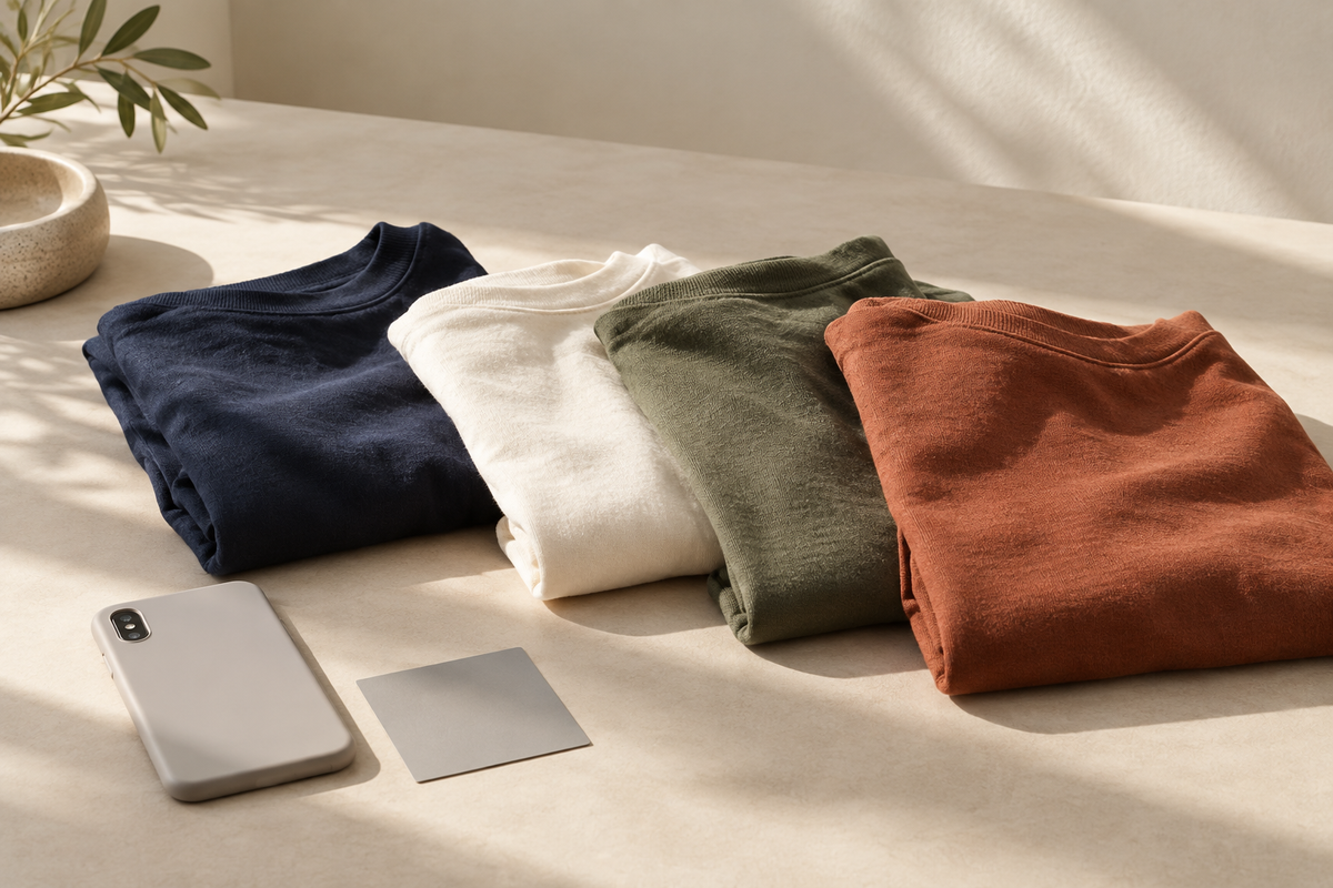 Four plain cotton tops in navy, ivory, olive and rust beside a phone and neutral color card