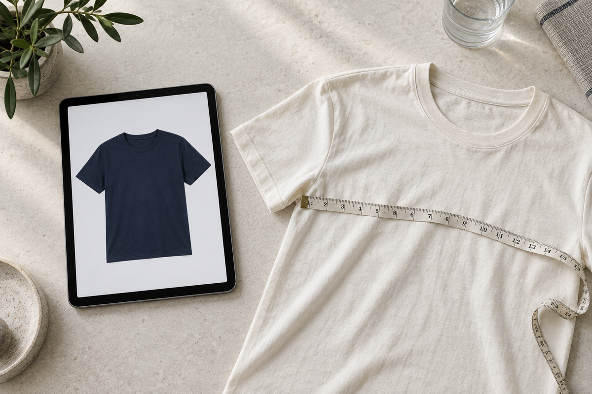 Tablet showing a navy tee beside a cream cotton tee and measuring tape