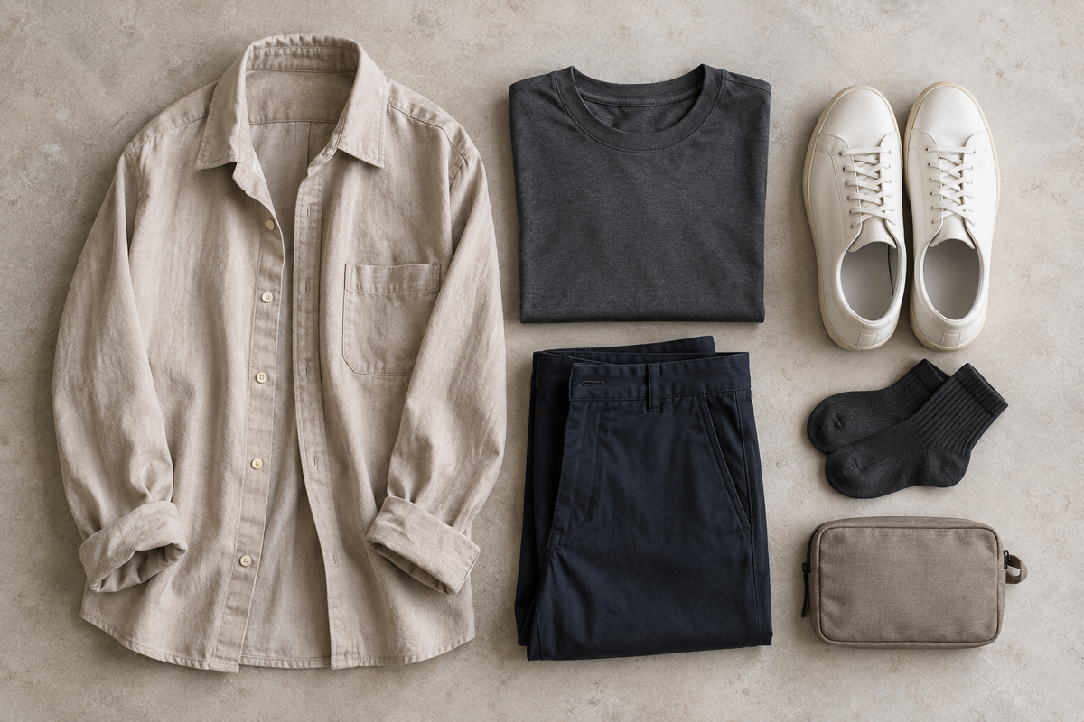 Charcoal tee, navy trousers, beige overshirt, white sneakers and a small pouch arranged for travel.