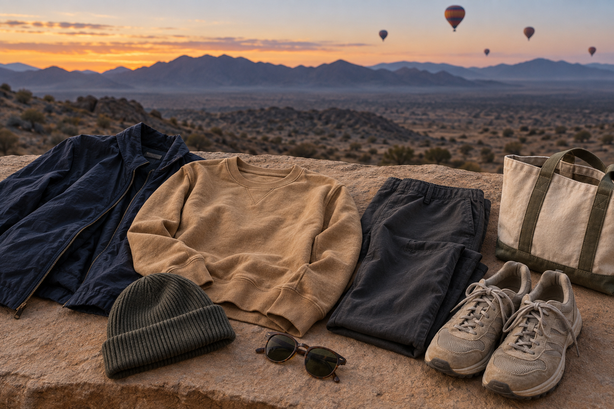 Layered outfit with a camel sweatshirt, navy jacket and walking shoes at a desert sunrise