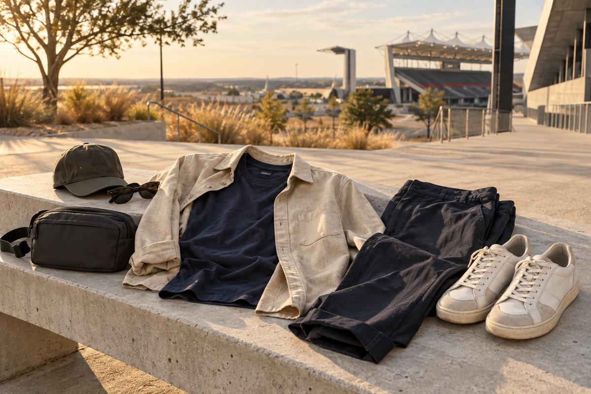 Navy T shirt, light overshirt, dark trousers, sneakers and a compact bag arranged for a day at an outdoor race venue