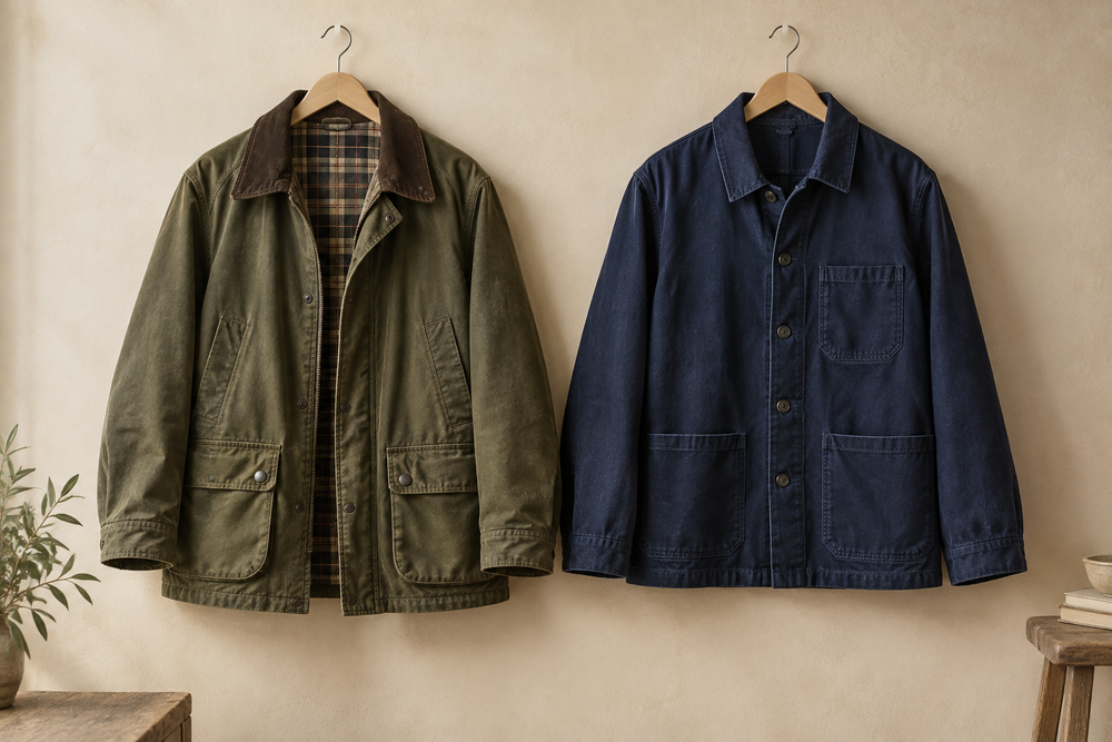 Olive barn jacket beside a navy chore jacket showing their different collars, pockets and structure