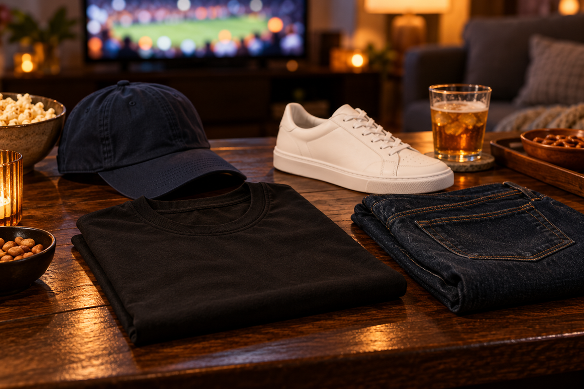 Plain black tee, dark denim, white sneaker and navy cap arranged for a baseball watch party