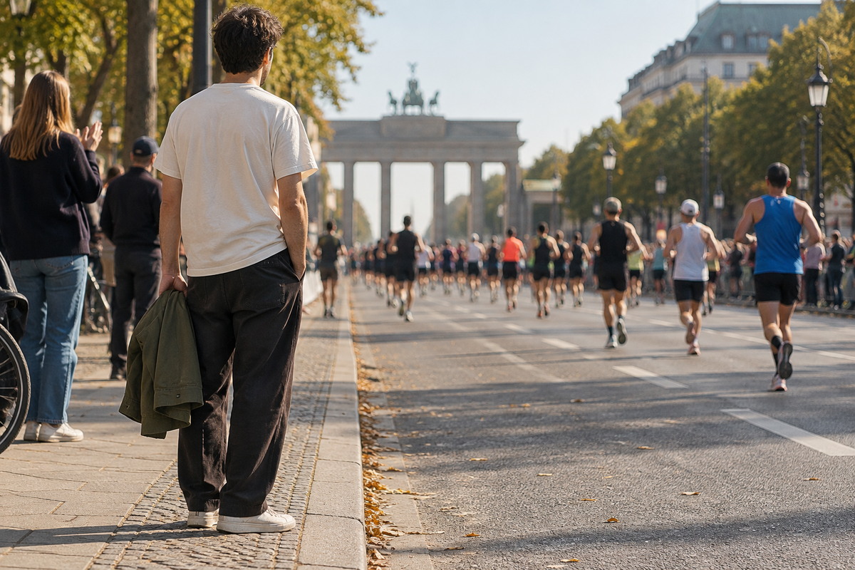 Spectator in a cream shirt and dark trousers on a Berlin street during marathon weekend