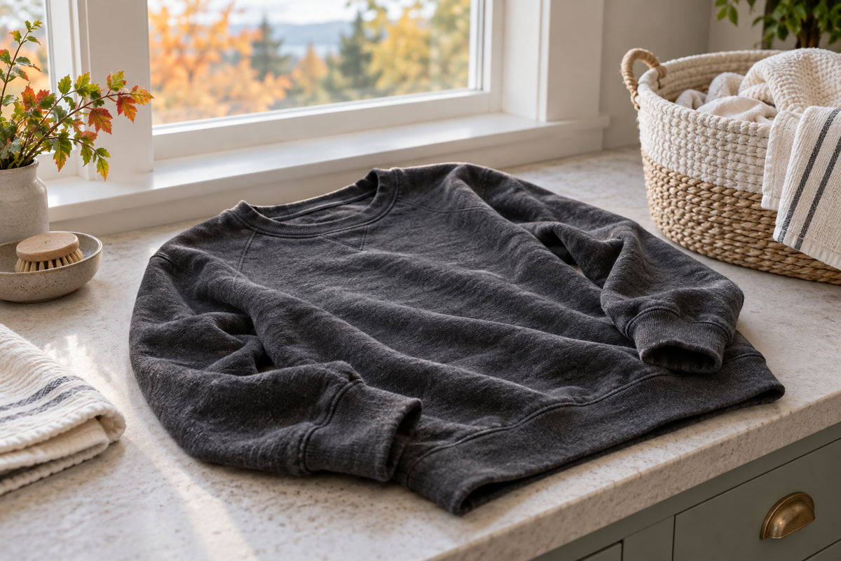 Charcoal sweatshirt resting on a laundry table beside a window in autumn light