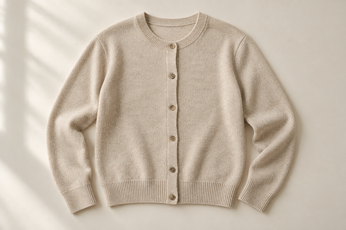 Oatmeal cardigan laid flat showing its shoulders, button placket, sleeves and hem