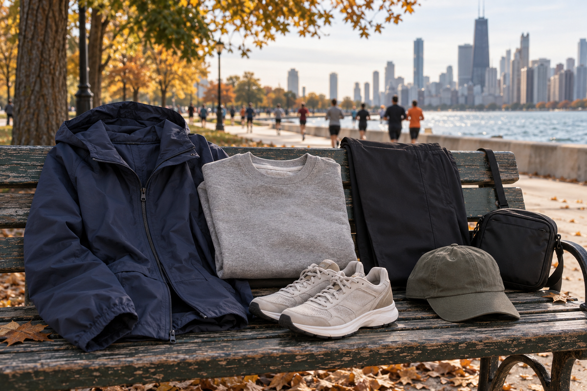 Navy jacket, grey sweatshirt, dark trousers and walking shoes on a Chicago park bench