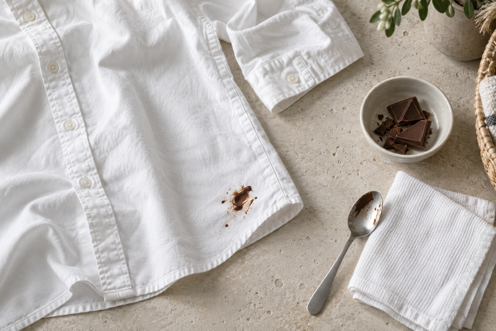 White cotton shirt with a small chocolate stain beside a clean cloth and a blunt spoon