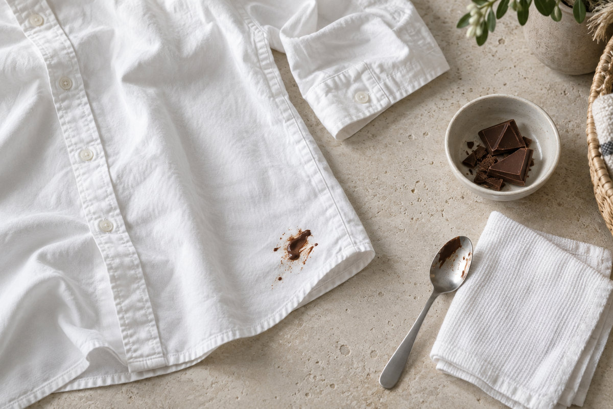 White cotton shirt with a small chocolate stain beside a clean cloth and a blunt spoon