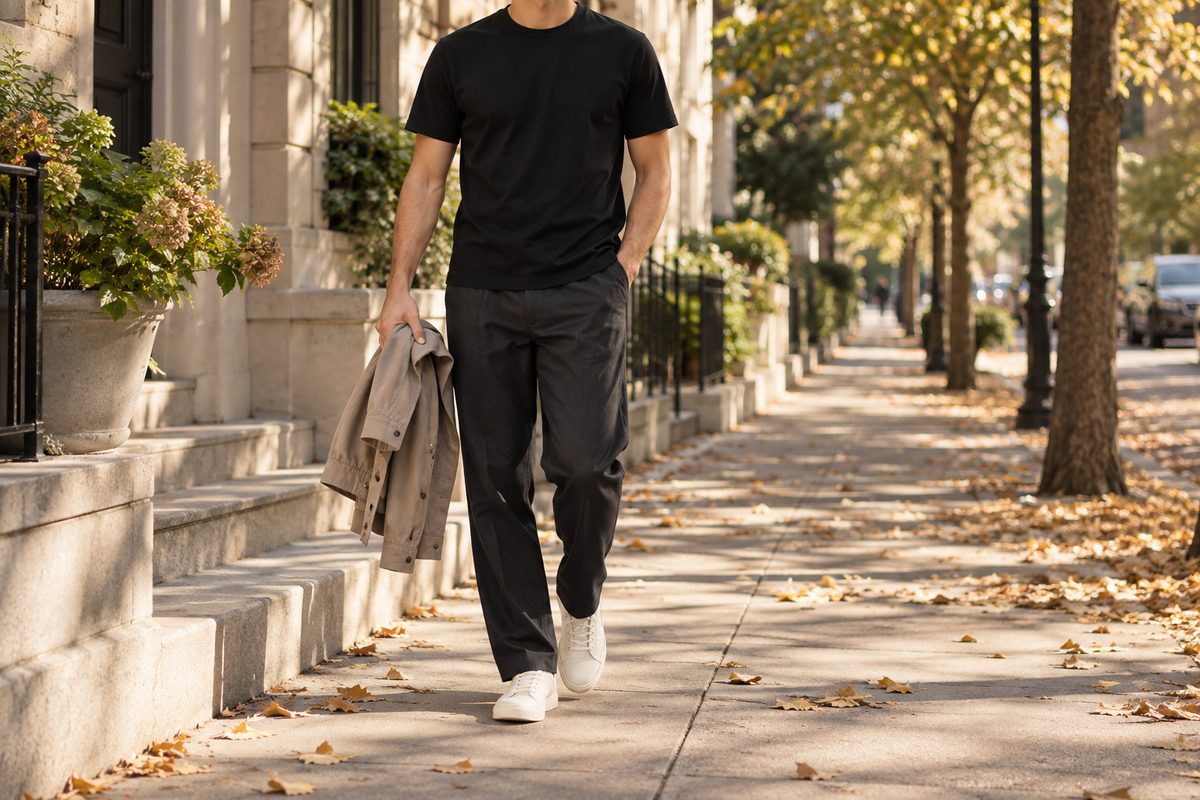 Black T shirt and dark trousers with a removable taupe layer carried on a sunny fall street