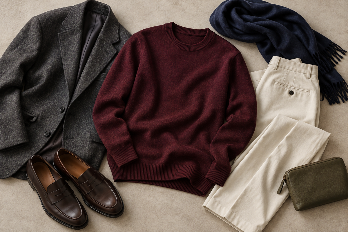 Burgundy knit styled with cream trousers, charcoal jacket, navy scarf and brown shoes