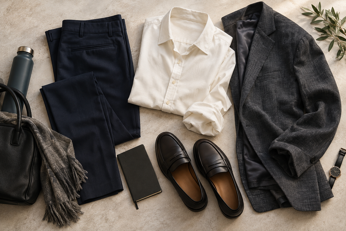 Navy trousers, an ivory shirt, charcoal jacket and comfortable loafers arranged for a conference day