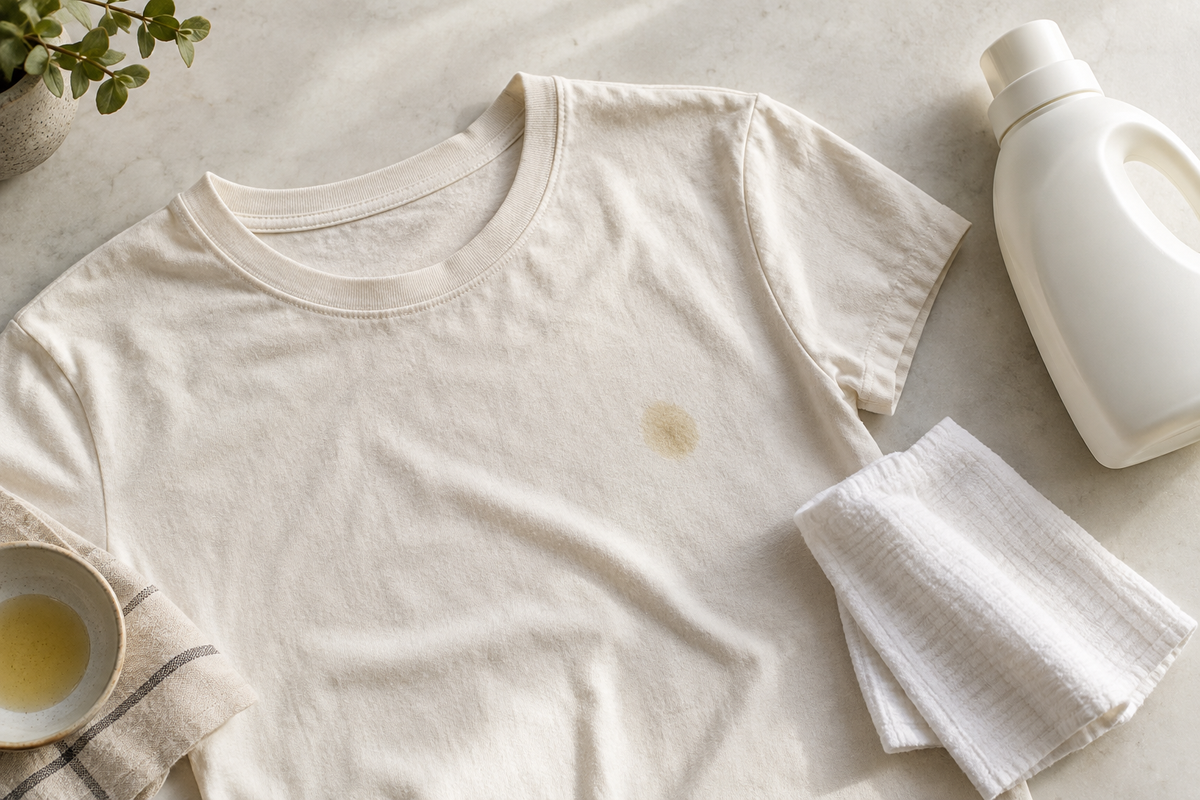Cream cotton tee with a small oil spot beside a white cloth and unlabelled laundry bottle