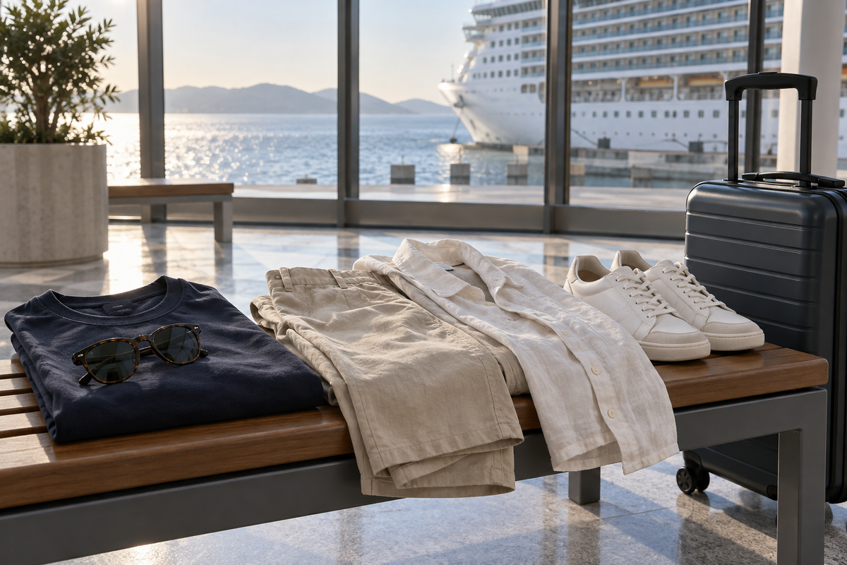 Navy shirt, sand trousers, sneakers and a small carry on beside a cruise terminal window