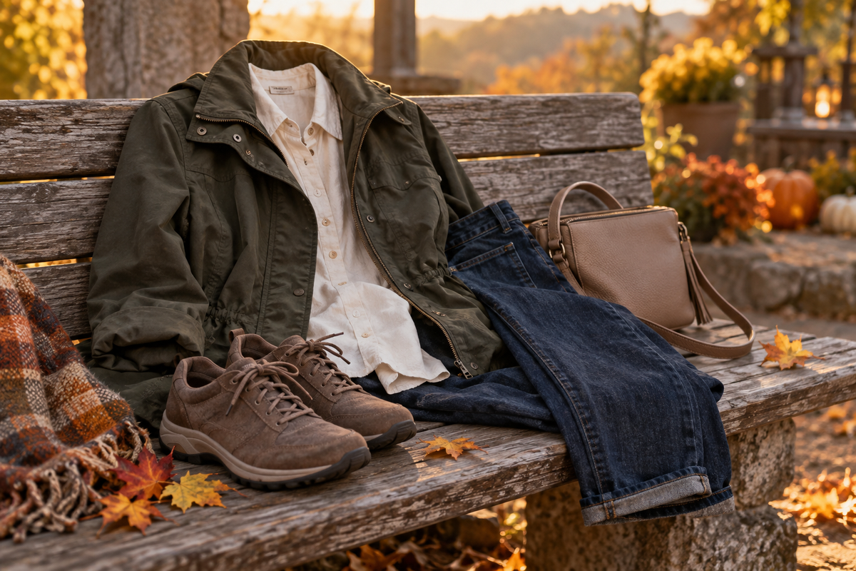 Layered autumn outfit with olive jacket, shirt, jeans and walking shoes on a wooden bench