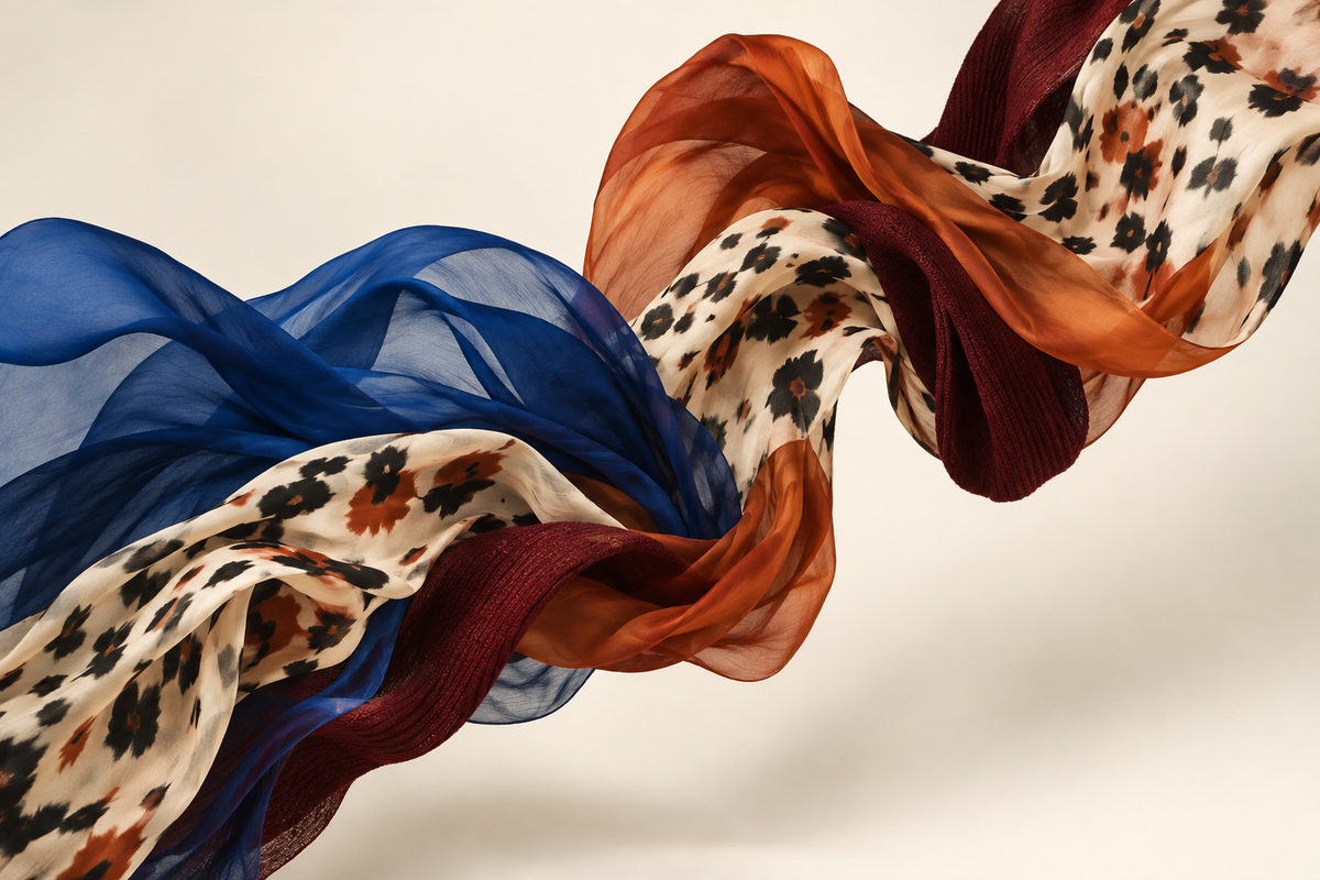 Original TELLS editorial still life of cobalt, rust and burgundy fabrics flowing across an ivory background