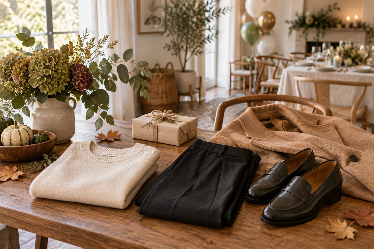 Cream knit top, dark trousers, camel coat and loafers beside a wrapped gift in an autumn home