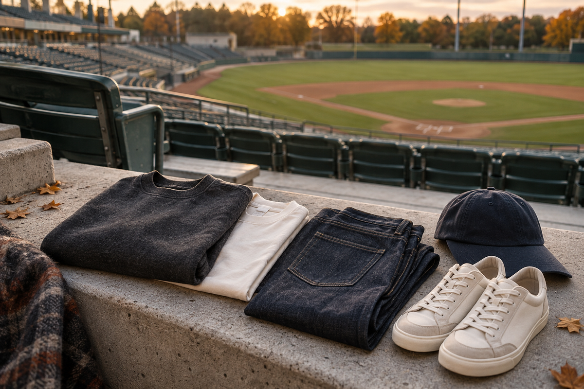 Folded sweatshirt, cotton T shirt, jeans, cap and sneakers on a baseball stadium seat