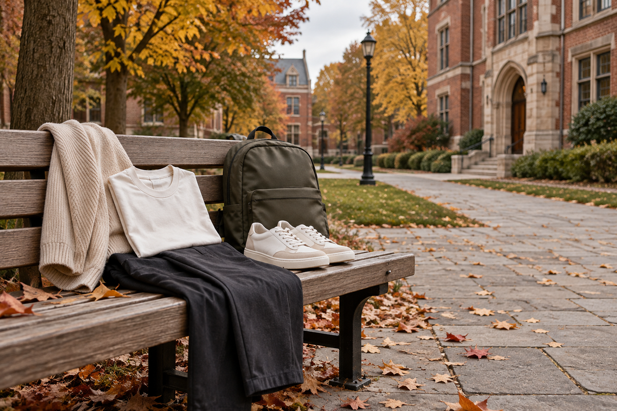 Casual college tour outfit with neutral shirt, dark trousers, knit layer, sneakers and backpack on an autumn campus bench
