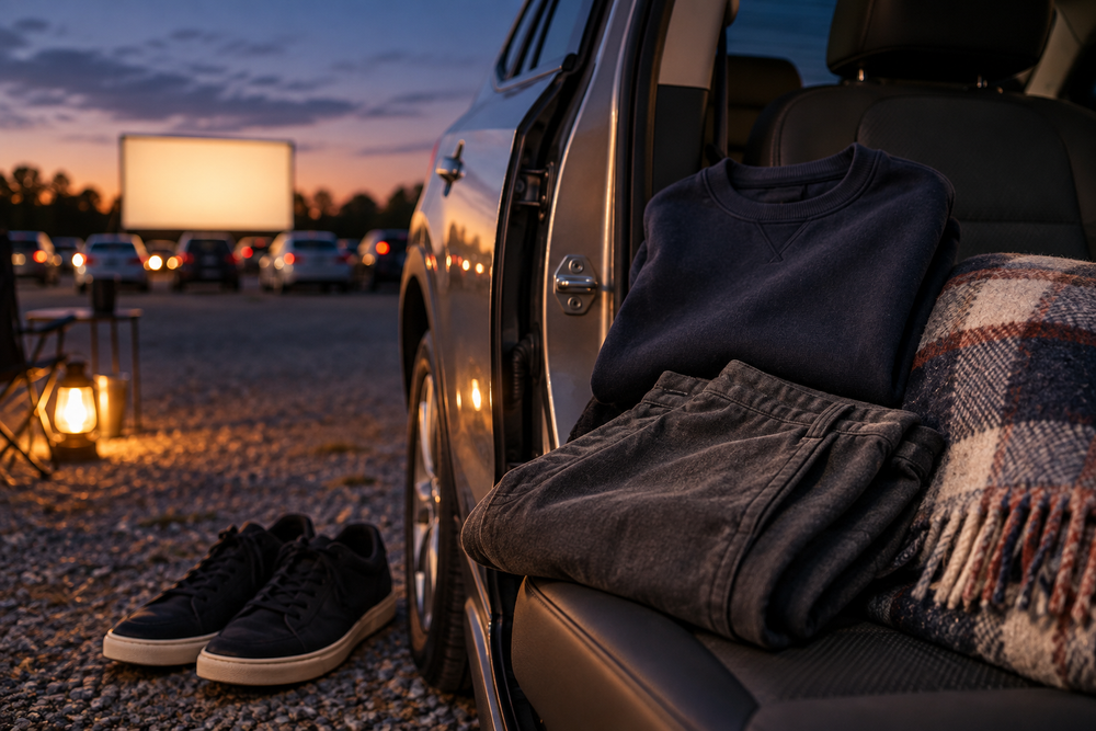 Navy sweatshirt, charcoal trousers, sneakers and a blanket beside a car at a drive in movie at dusk