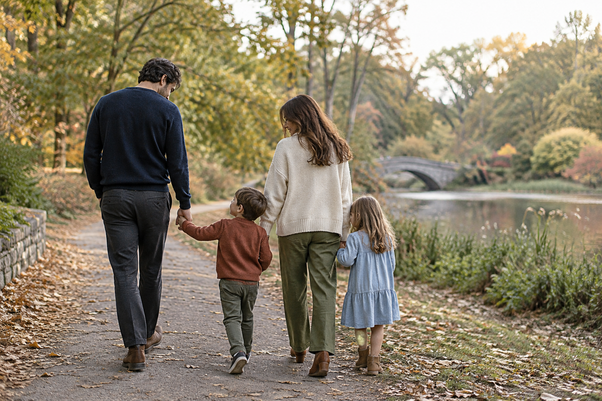 Family of four walking in a park wearing coordinated navy, cream, olive, rust and pale blue autumn outfits