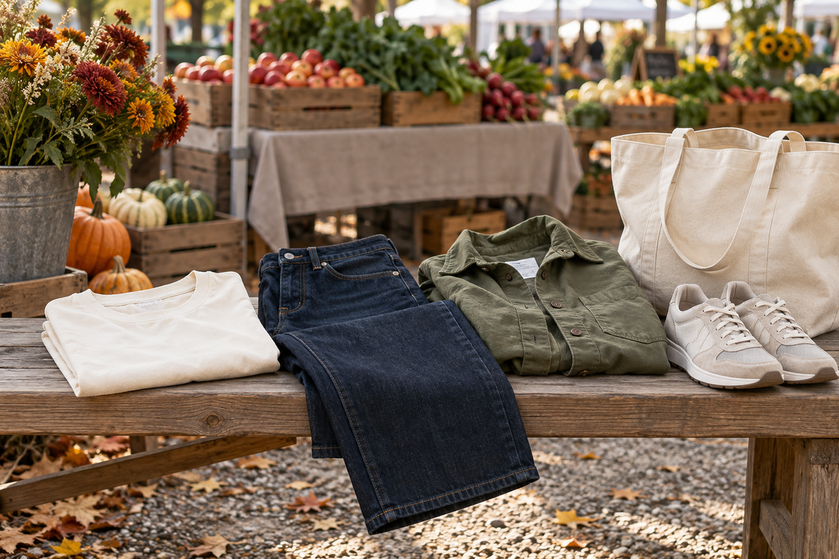 Cotton tee, jeans, olive overshirt, walking shoes and canvas tote at an autumn farmers market
