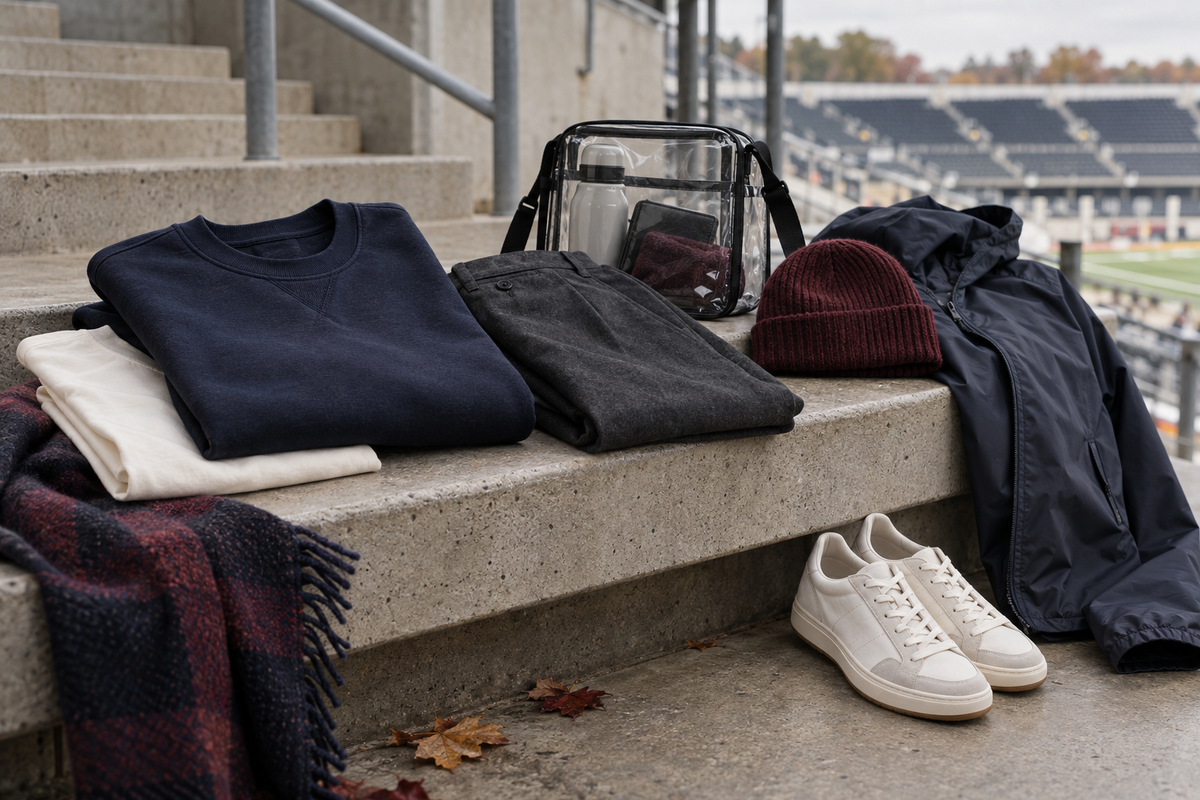 Layered fall football game outfit with navy sweatshirt, charcoal trousers, rain shell, clear stadium bag and sneakers
