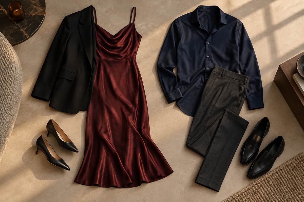 Burgundy dress and navy shirt outfits laid out for a fall wedding welcome party