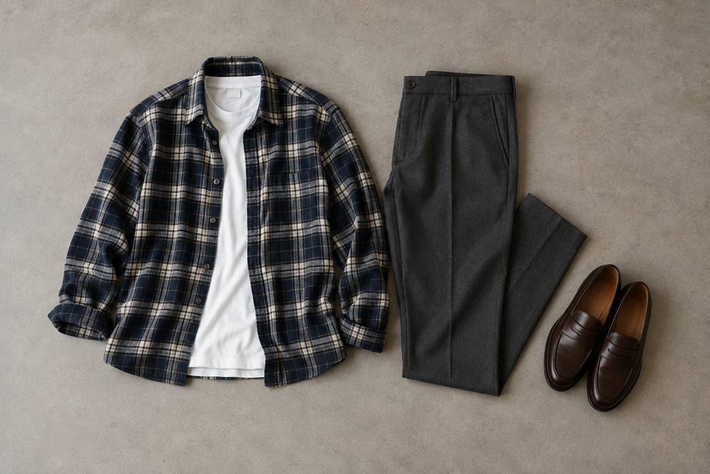Navy checked flannel shirt with a white tee, charcoal tailored trousers and brown loafers