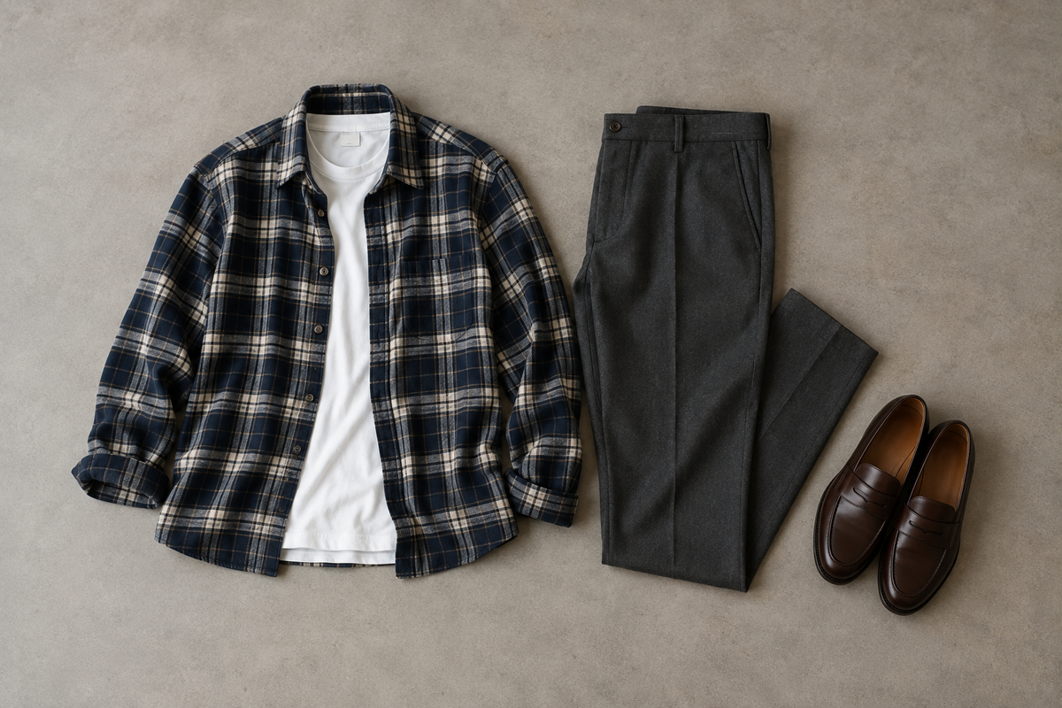 Navy checked flannel shirt with a white tee, charcoal tailored trousers and brown loafers