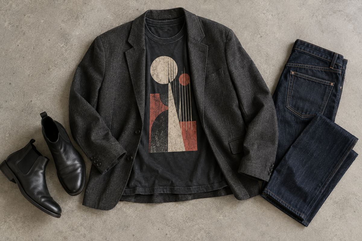 Charcoal blazer framing an abstract graphic tee with dark jeans and black boots