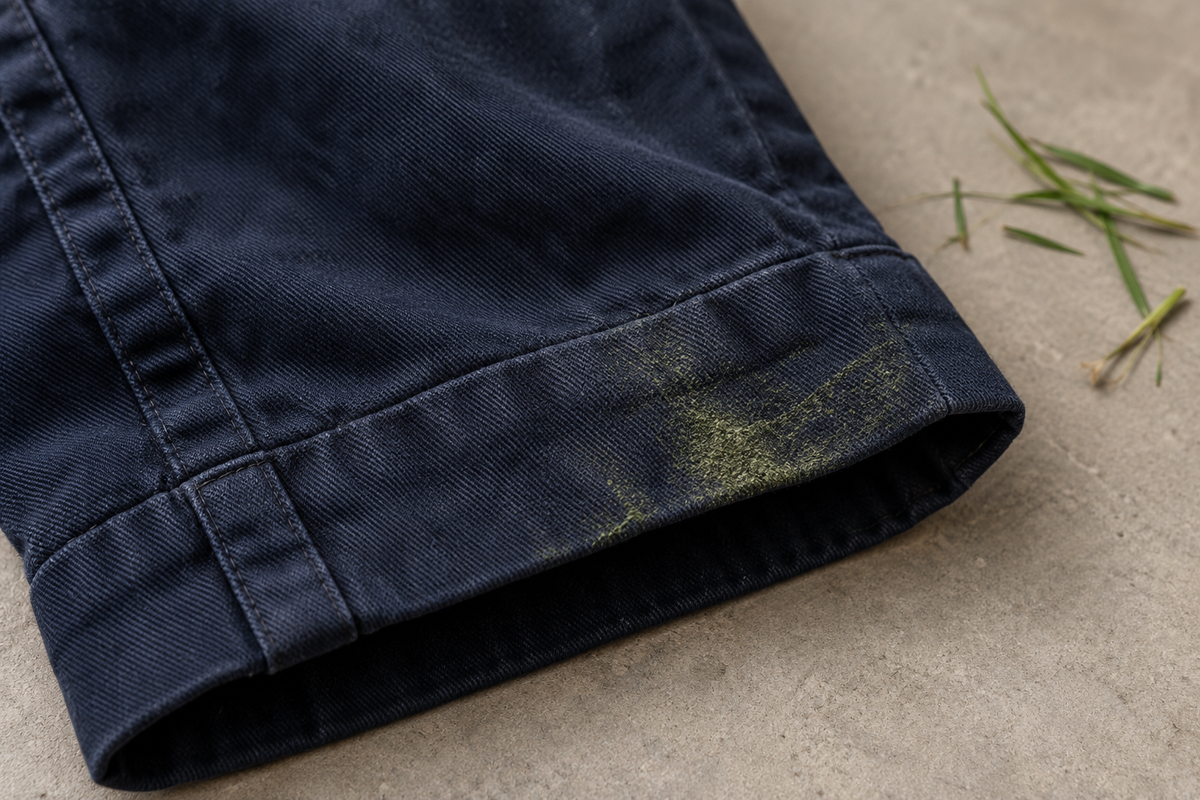 Grass stain on the cuff of dark navy cotton trousers