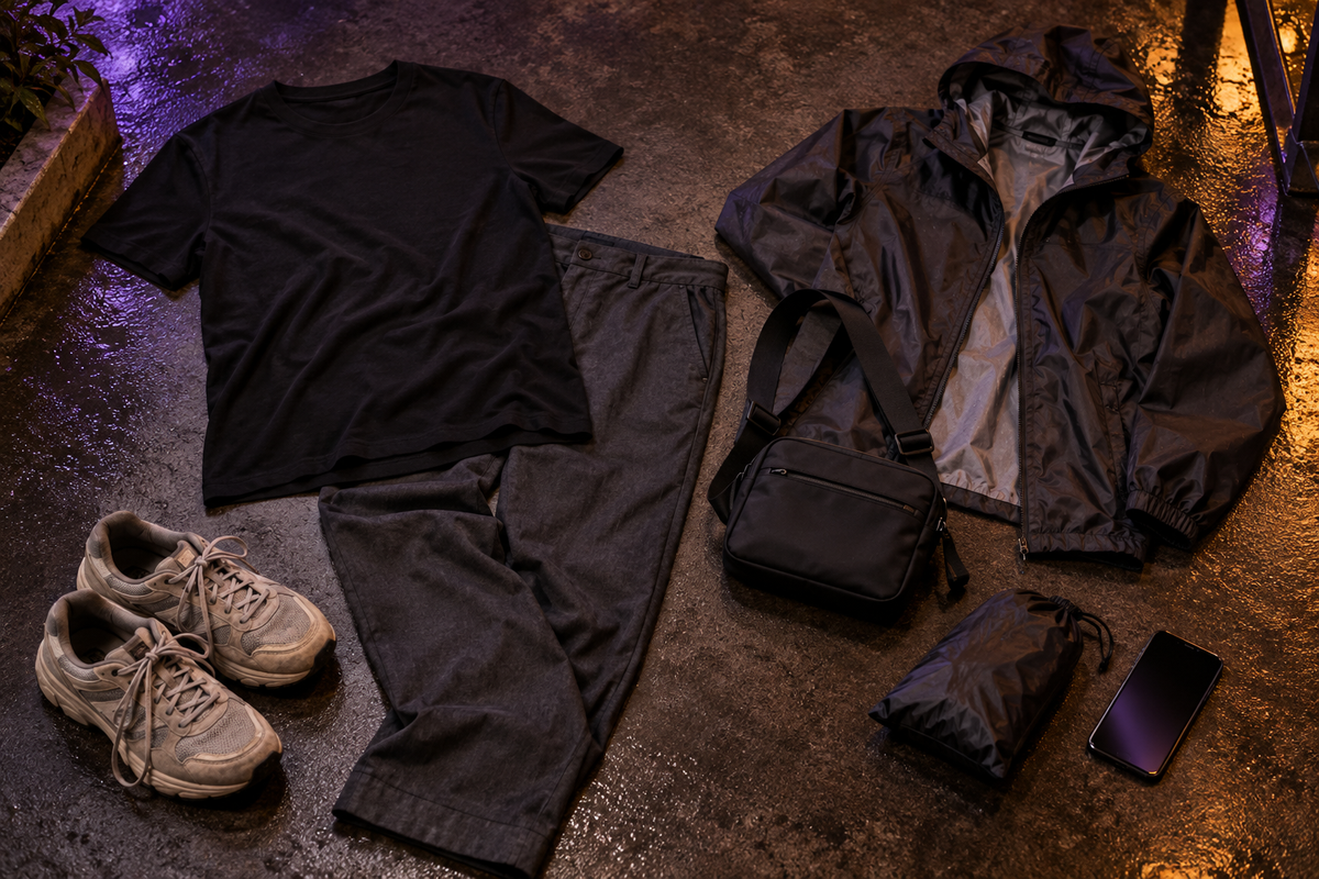 Black tee, relaxed trousers, walking shoes, rain layer and small bag for an evening theme park visit