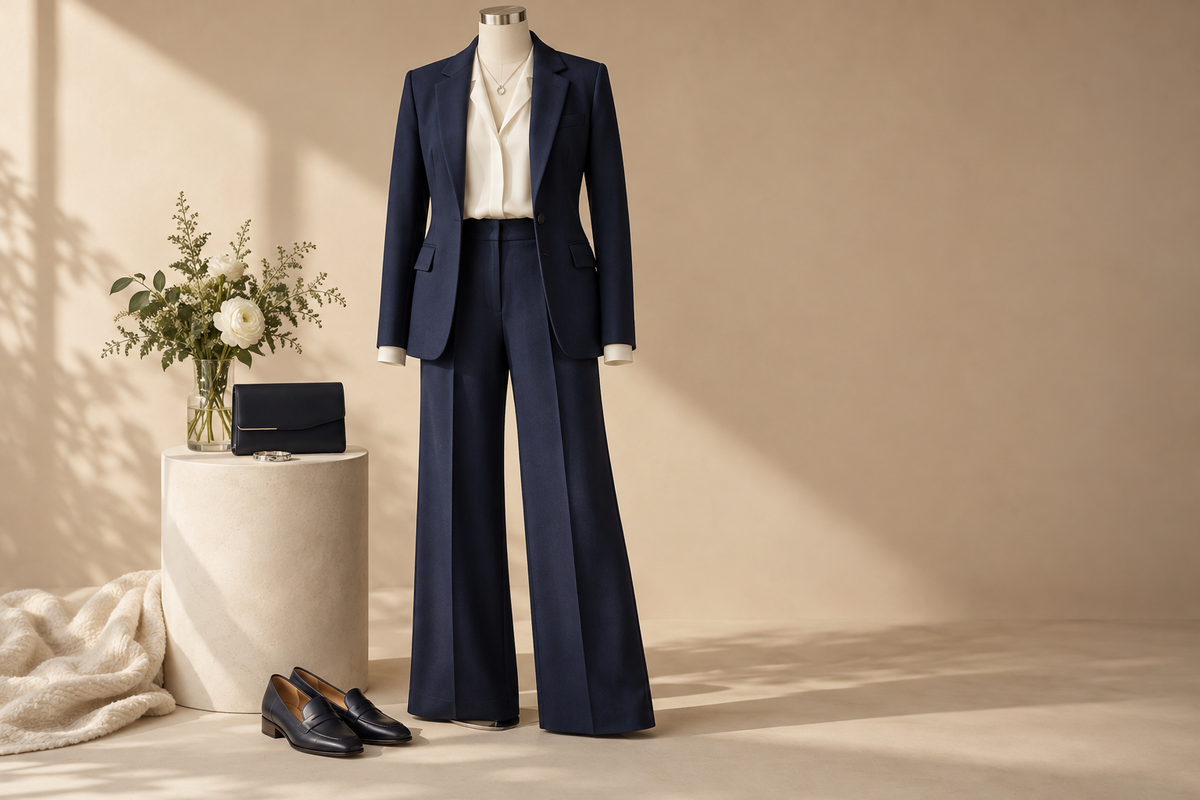 Navy trouser suit with an ivory blouse, loafers and a small clutch arranged for a homecoming dance