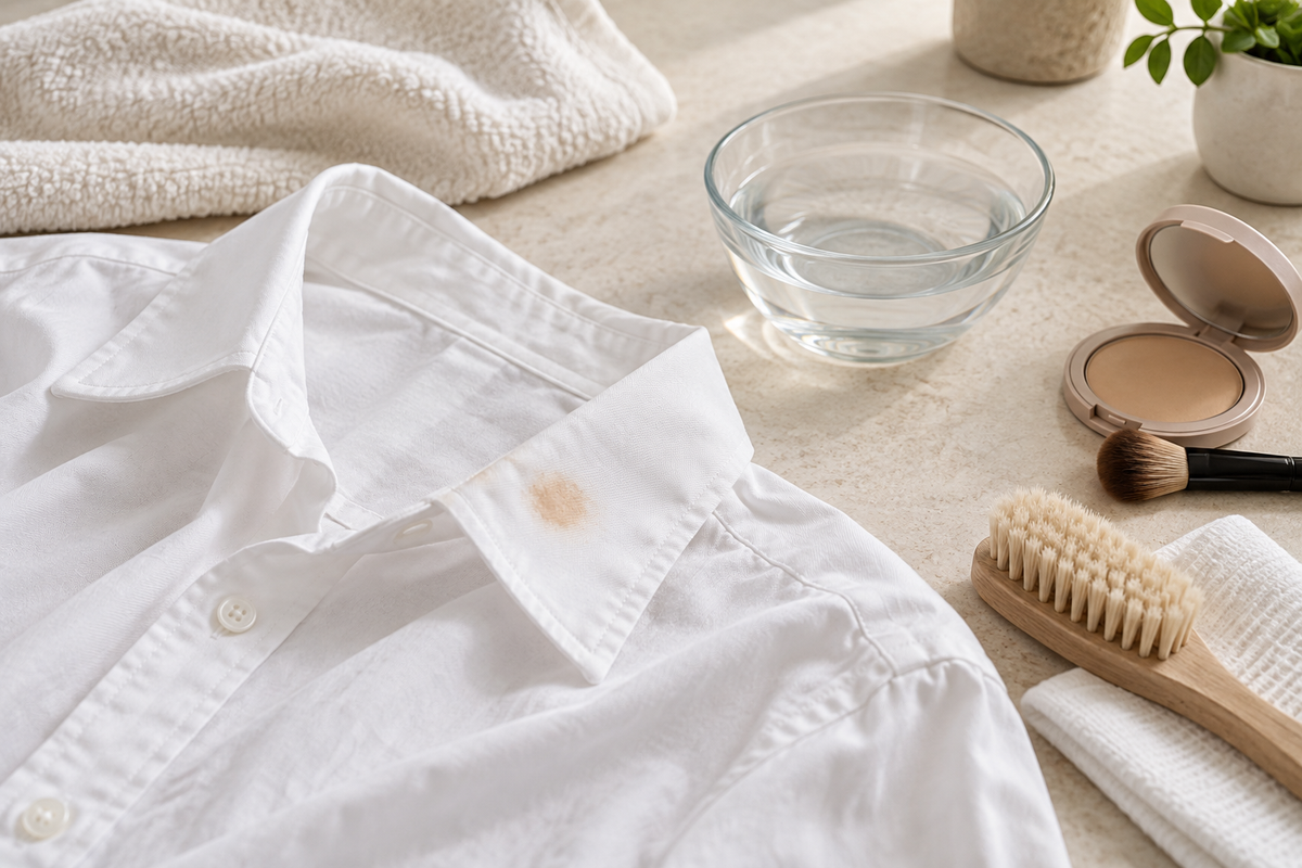 White cotton shirt prepared for gentle treatment of a foundation stain