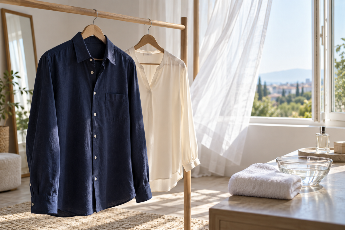 Cotton shirts airing beside an open window to release lingering fragrance