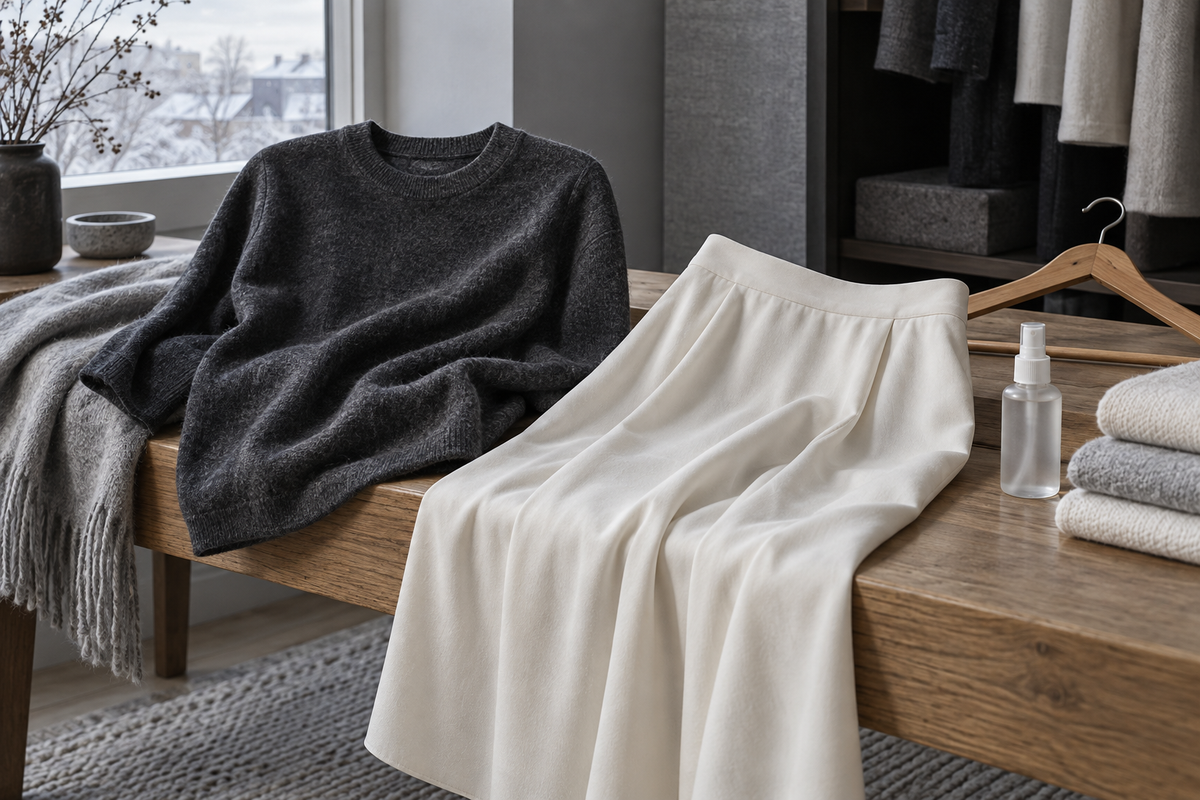 Charcoal knit and cream skirt arranged with a fine mist bottle for static care