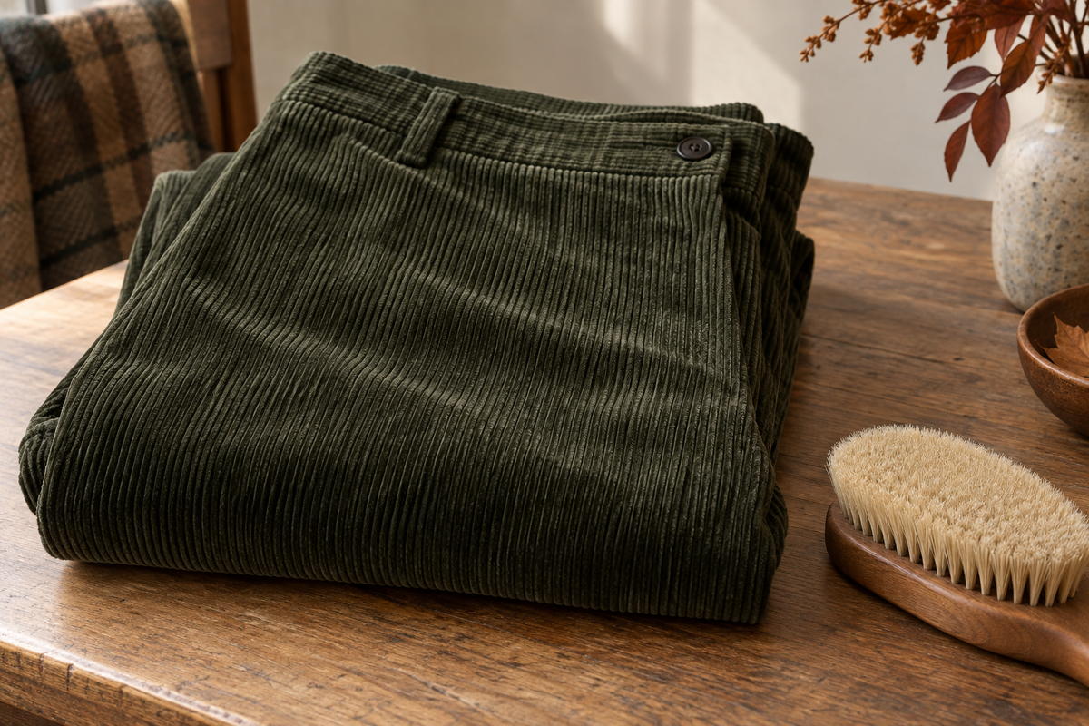 Folded olive corduroy trousers showing their raised ridges beside a soft garment brush