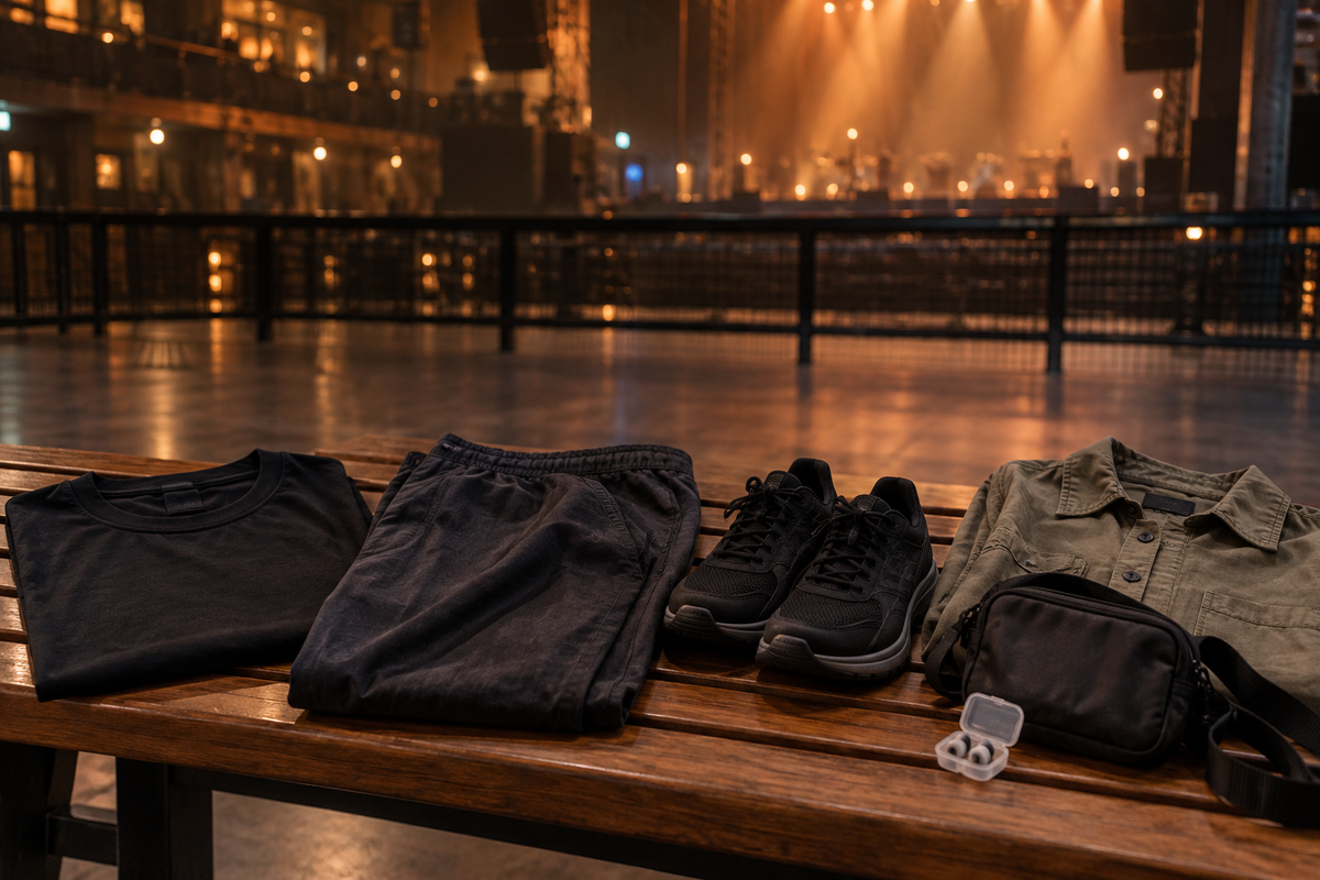 Black shirt, relaxed trousers, sneakers, overshirt, small bag and earplugs inside a concert hall