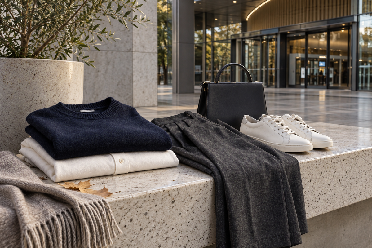 Navy knit, cream shirt, charcoal trousers, sneakers and a small handbag by a modern arena entrance