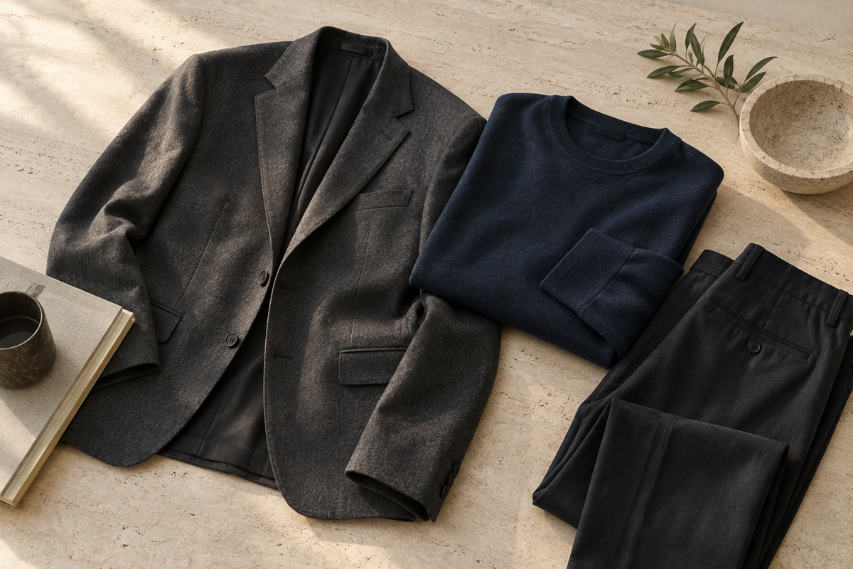 Conceptual menswear still life of a charcoal jacket, navy sweatshirt and dark trousers, not a McQueen runway image