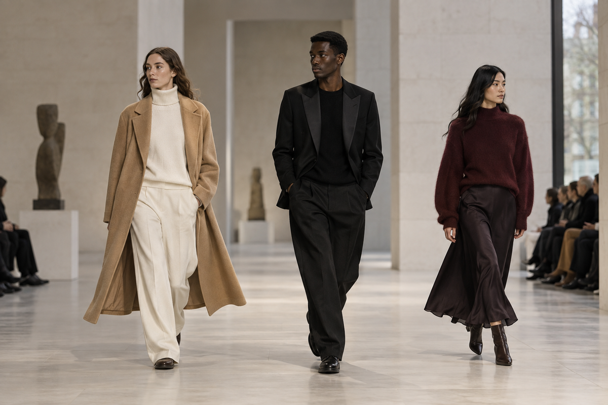 Three models in refined everyday tailoring on a quiet museum runway