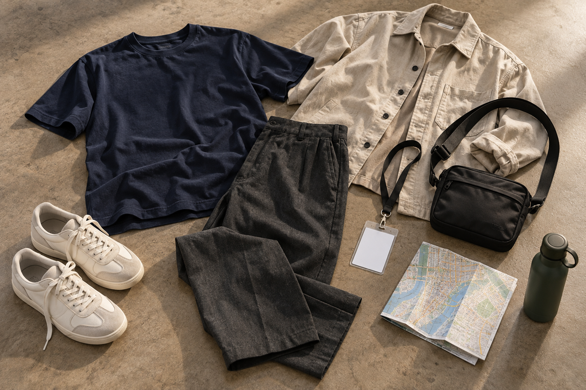 Non cosplay convention outfit with navy tee, relaxed trousers, light layer, sneakers and compact bag
