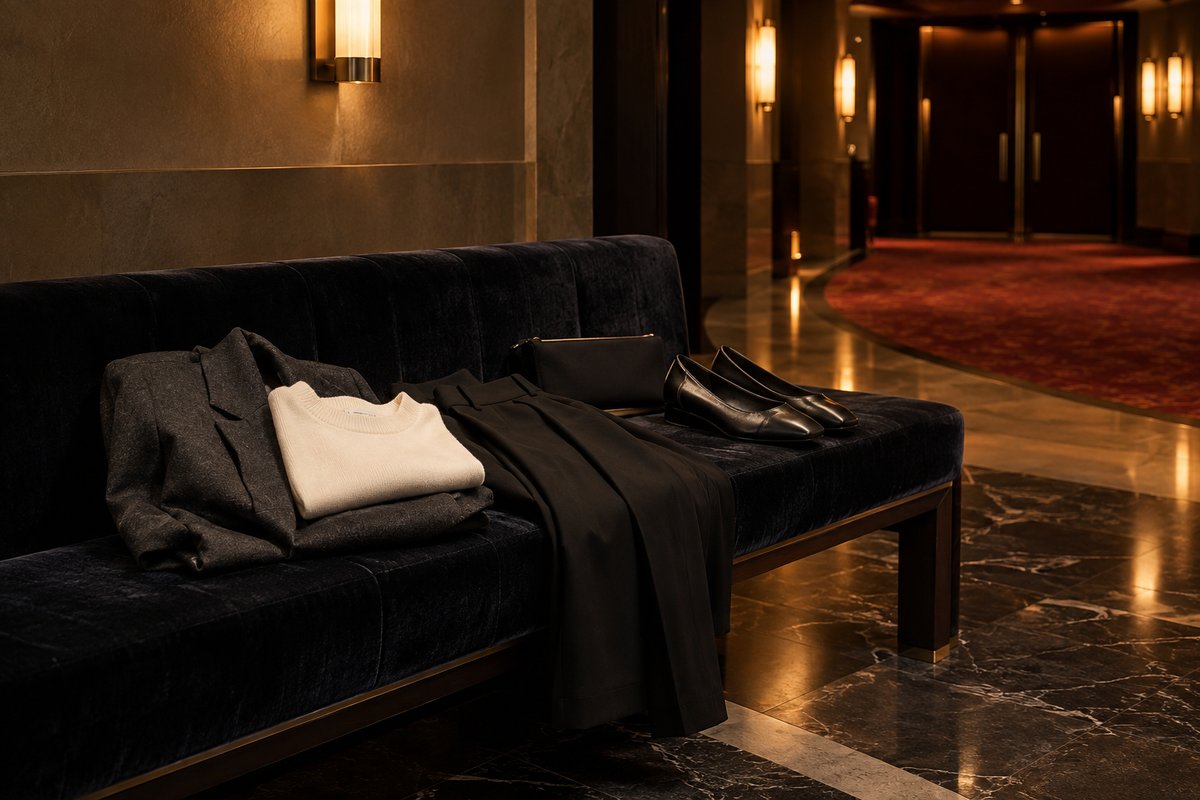 Charcoal blazer, cream knit, black trousers and flats arranged in a softly lit cinema foyer