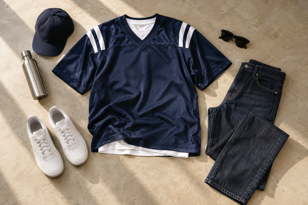 A navy football jersey layered over a white tee with dark jeans and white sneakers