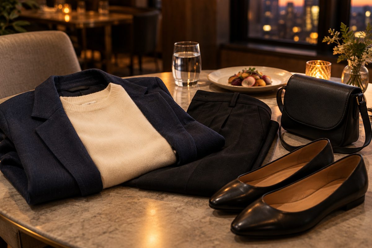 Navy blazer, cream knit, dark trousers, flats and a small bag on a dining table